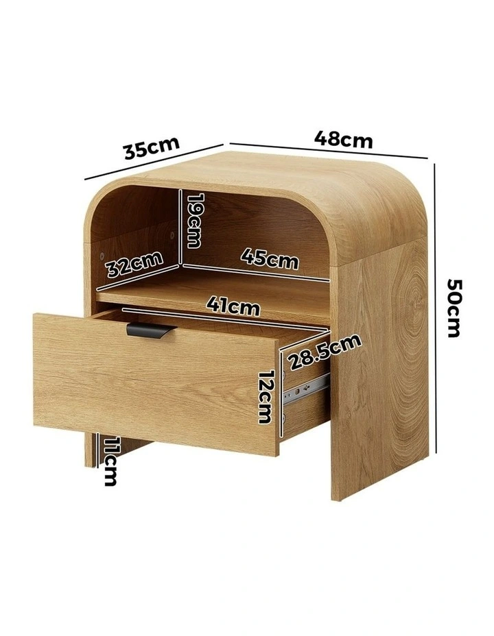 Oikiture Bedside Table Drawer Open Shelf Storage Cabinet Nightstand Natural image 3