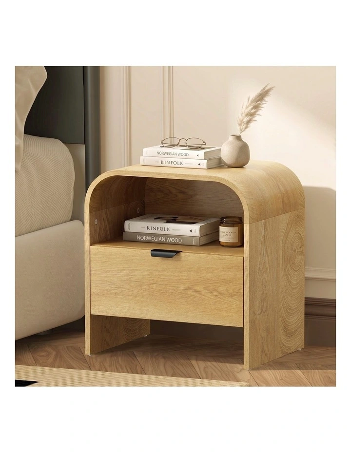 Oikiture Bedside Table Drawer Open Shelf Storage Cabinet Nightstand Natural image 4