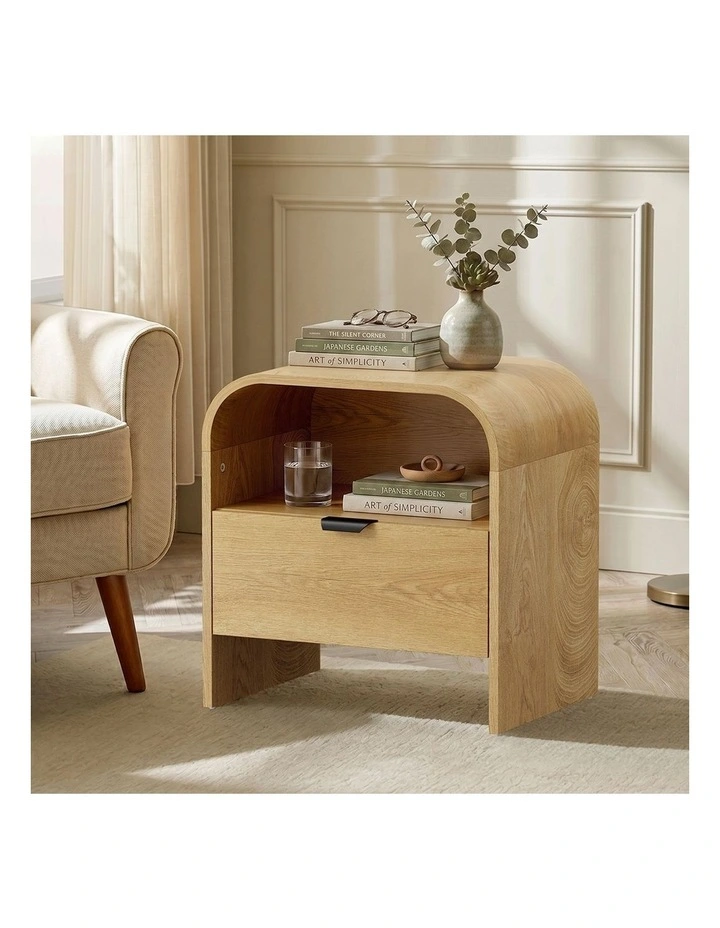 Oikiture Bedside Table Drawer Open Shelf Storage Cabinet Nightstand Natural image 5