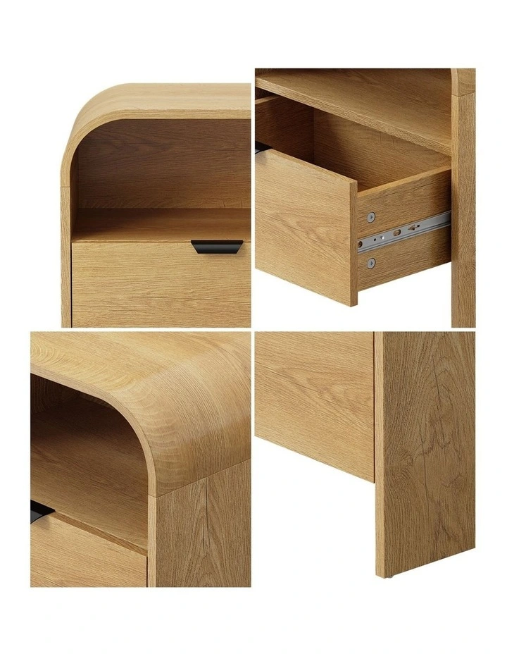 Oikiture Bedside Table Drawer Open Shelf Storage Cabinet Nightstand Natural image 6