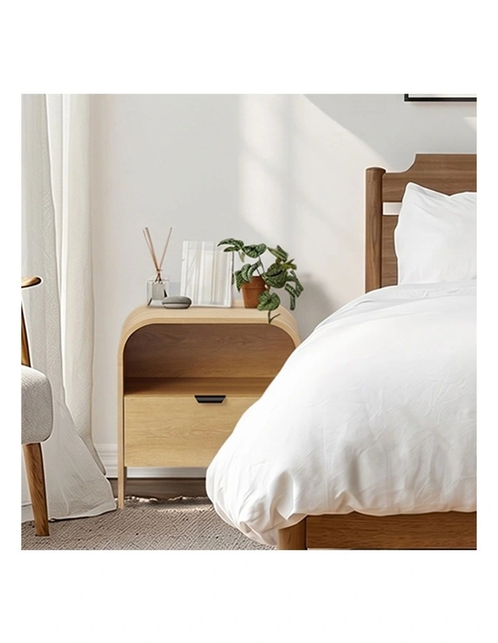 Oikiture Bedside Table Drawer Open Shelf Storage Cabinet Nightstand Natural image 7