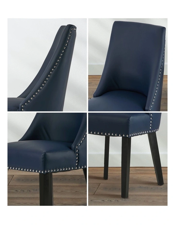 Oikiture 2PCs PU Leather Dining Chair Kitchen Padded Seat Winglet Design Blue image 4
