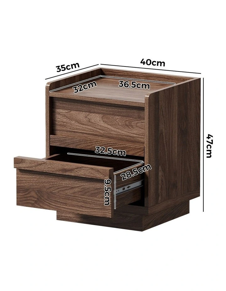 Oikiture Walnut Bedside Table 2 Pull-Out Drawers Handle-Free Side End Modern image 3