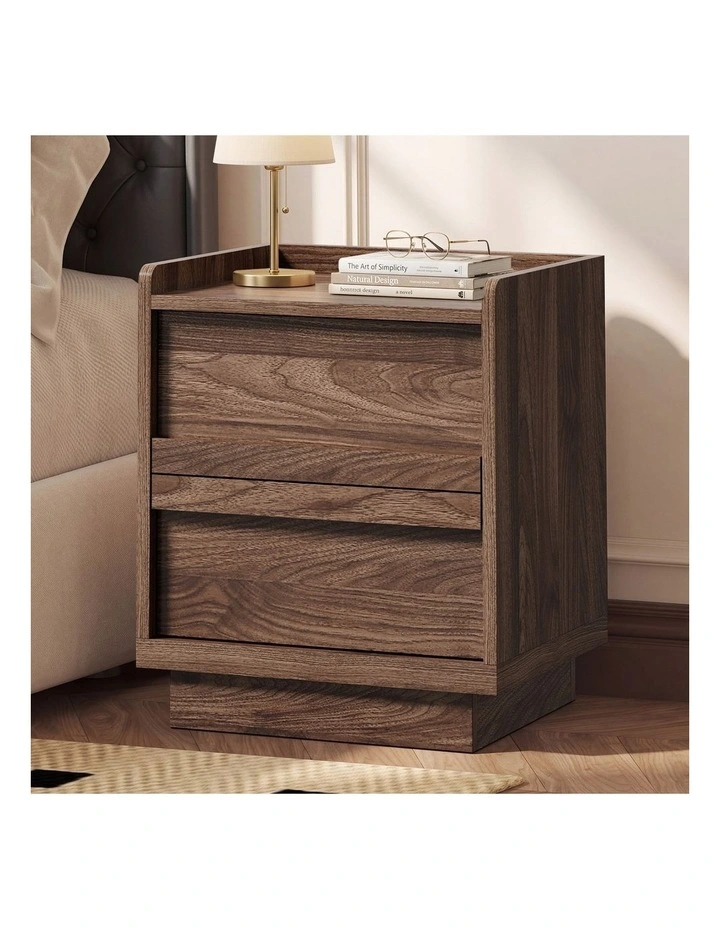 Oikiture Walnut Bedside Table 2 Pull-Out Drawers Handle-Free Side End Modern image 4