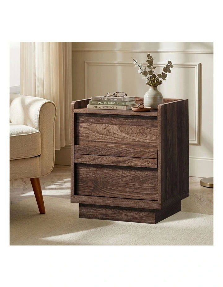 Oikiture Walnut Bedside Table 2 Pull-Out Drawers Handle-Free Side End Modern image 5