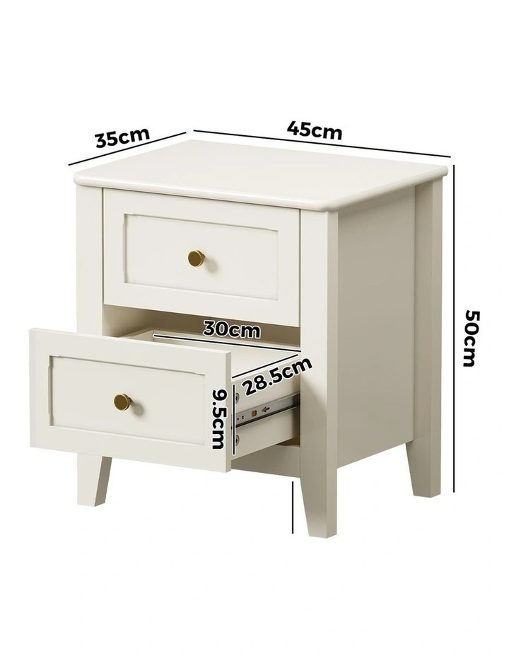 Oikiture Bedside Table 2 Drawers Round Gold Knob Bedroom Storage Off White image 3