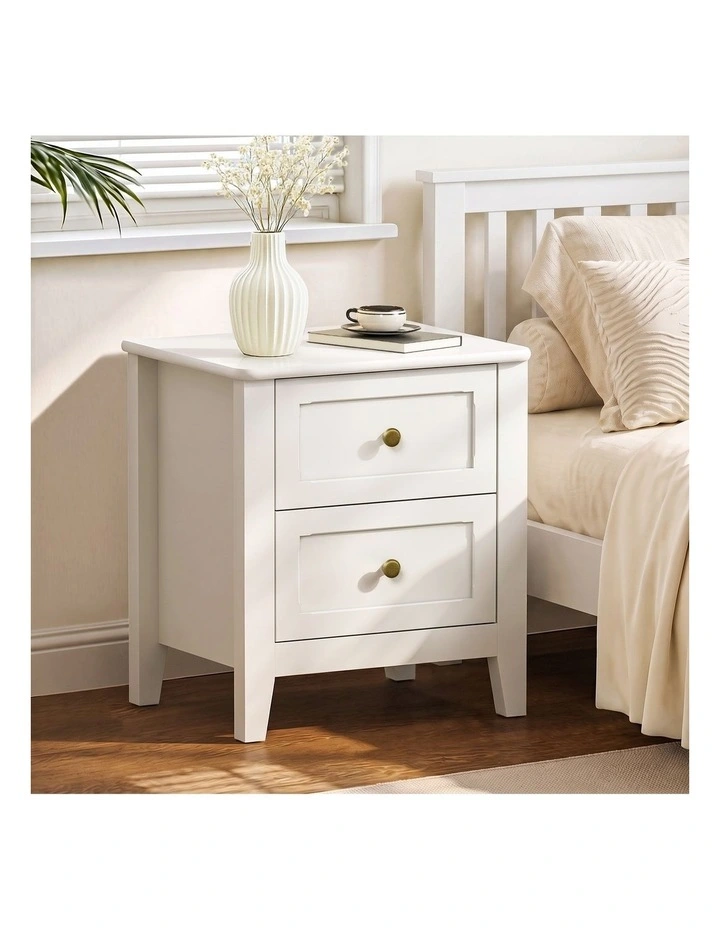 Oikiture Bedside Table 2 Drawers Round Gold Knob Bedroom Storage Off White image 4