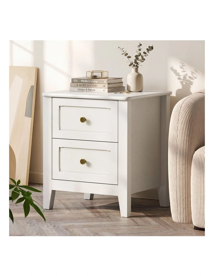 Oikiture Bedside Table 2 Drawers Round Gold Knob Bedroom Storage Off White image 5