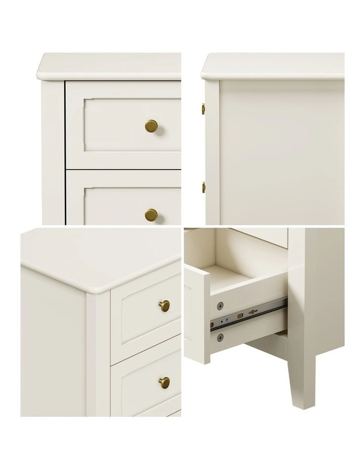 Oikiture Bedside Table 2 Drawers Round Gold Knob Bedroom Storage Off White image 6