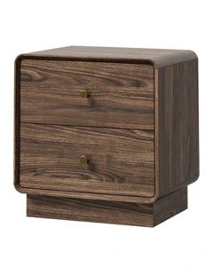 Oikiture Walnut Bedside Table 2 Drawers Gold Knobs Curved Corners Storage Table