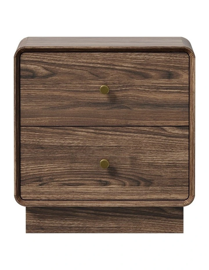 Oikiture Walnut Bedside Table 2 Drawers Gold Knobs Curved Corners Storage Table image 2