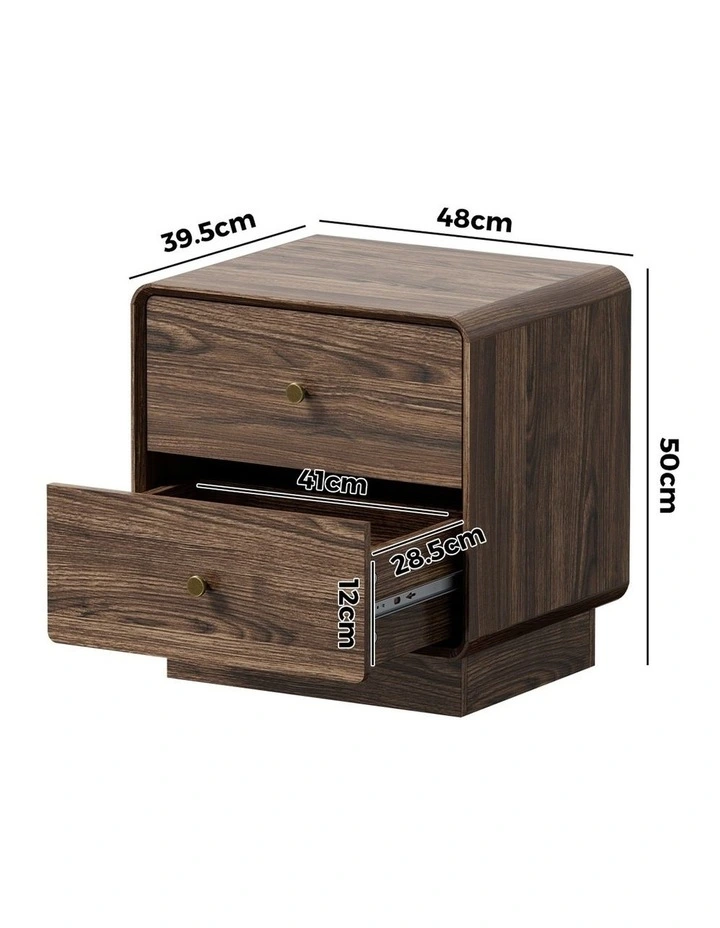 Oikiture Walnut Bedside Table 2 Drawers Gold Knobs Curved Corners Storage Table image 3