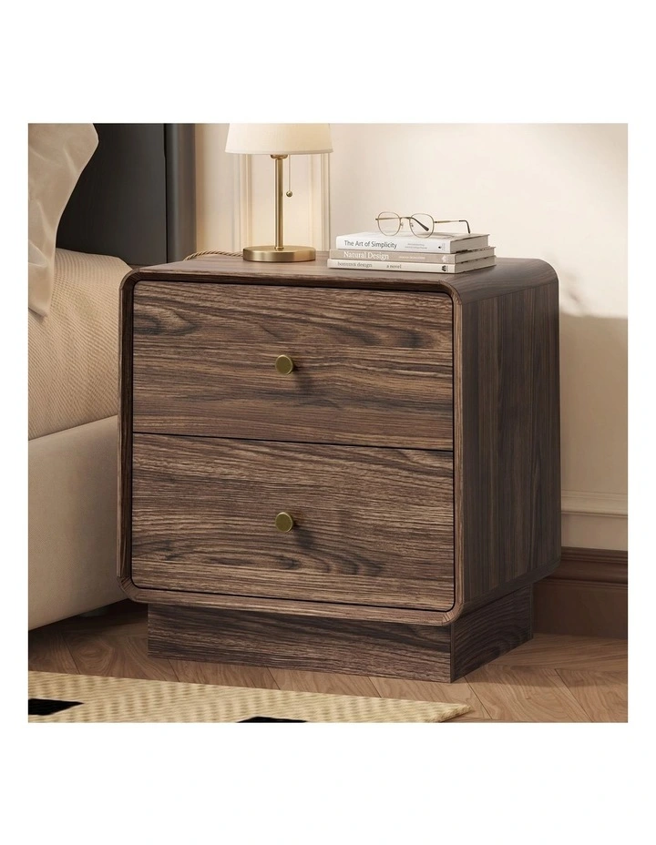 Oikiture Walnut Bedside Table 2 Drawers Gold Knobs Curved Corners Storage Table image 4