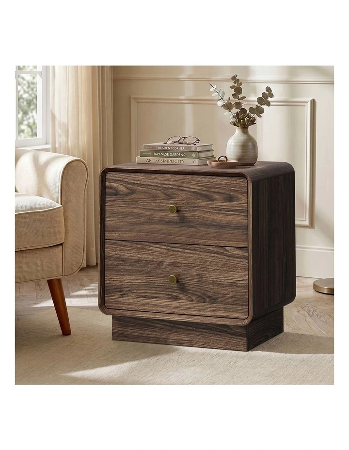 Oikiture Walnut Bedside Table 2 Drawers Gold Knobs Curved Corners Storage Table image 5