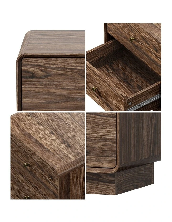 Oikiture Walnut Bedside Table 2 Drawers Gold Knobs Curved Corners Storage Table image 6