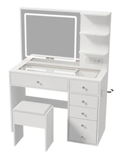 Oikiture Dressing Table Set LED Lights Glass Tabletop 5 Drawers White