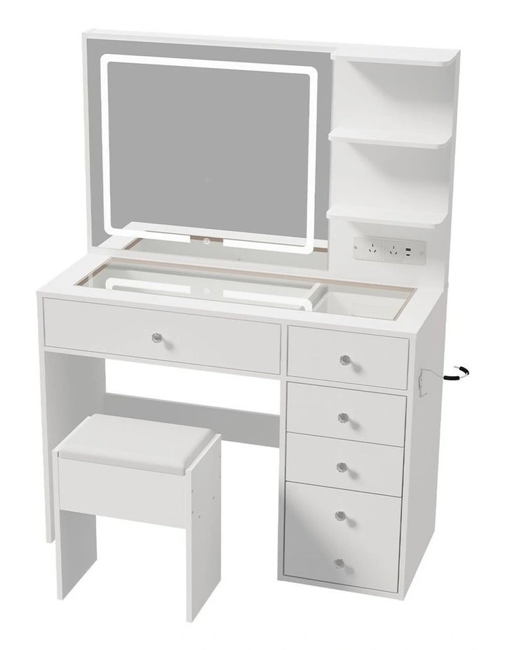 Oikiture Dressing Table Set LED Lights Glass Tabletop 5 Drawers White image 1