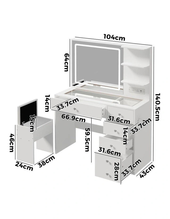 Oikiture Dressing Table Set LED Lights Glass Tabletop 5 Drawers White image 3