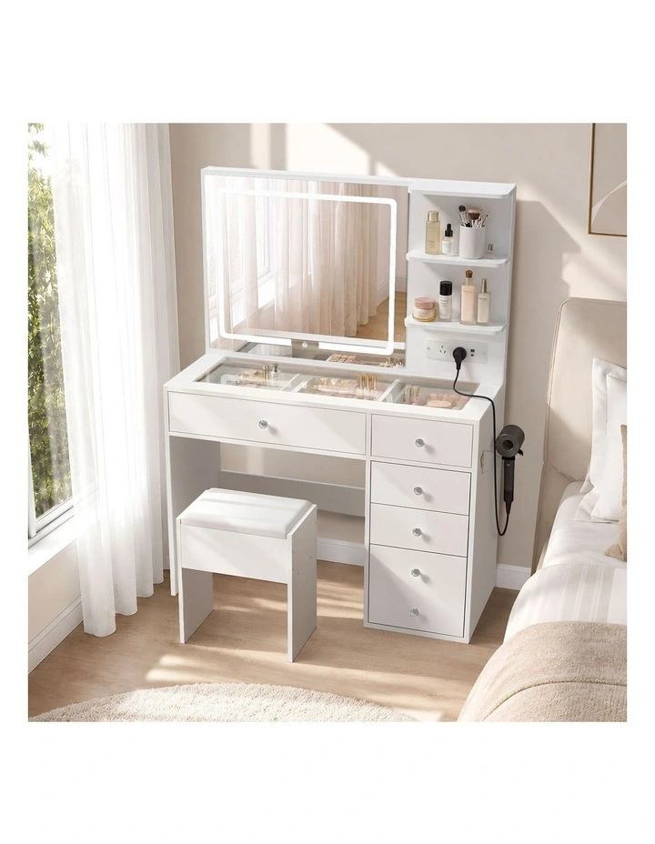 Oikiture Dressing Table Set LED Lights Glass Tabletop 5 Drawers White image 4