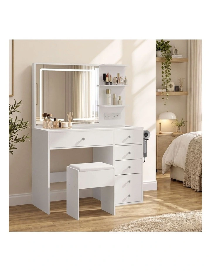 Oikiture Dressing Table Set LED Lights Glass Tabletop 5 Drawers White image 5