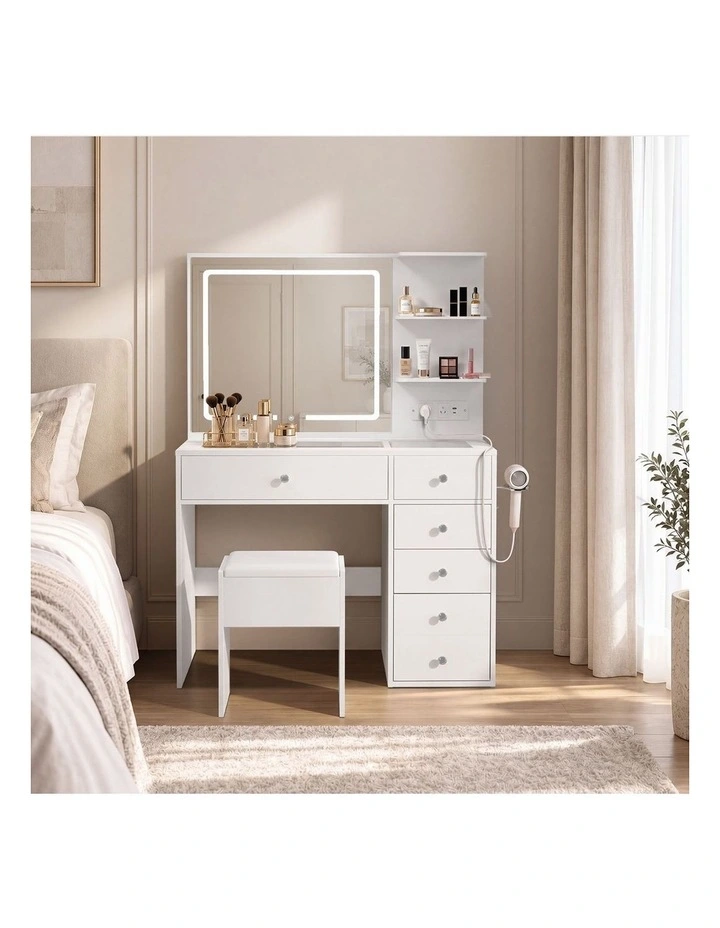 Oikiture Dressing Table Set LED Lights Glass Tabletop 5 Drawers White image 6