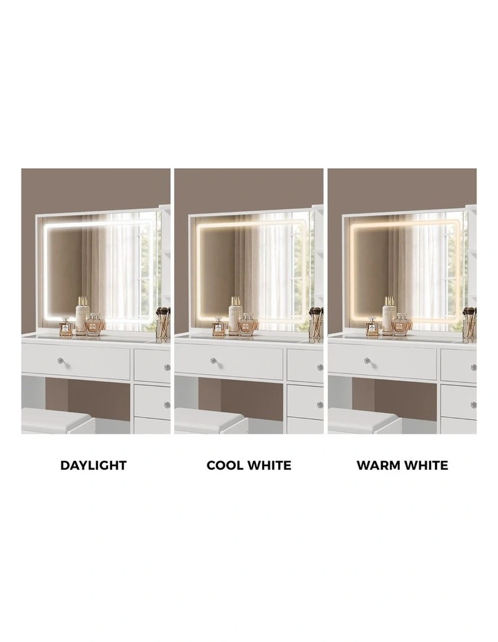 Oikiture Dressing Table Set LED Lights Glass Tabletop 5 Drawers White image 7