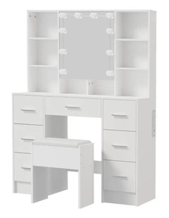 Oikiture Dressing Table Set 10 LED Bulbs Hidden Shelves 7 Drawers Vanity Desk White