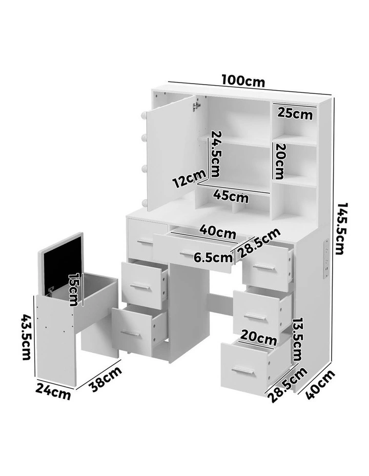 Oikiture Dressing Table Set 10 LED Bulbs Hidden Shelves 7 Drawers Vanity Desk White image 3