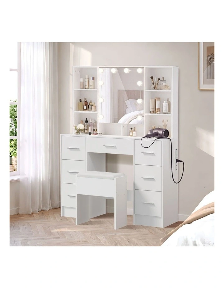 Oikiture Dressing Table Set 10 LED Bulbs Hidden Shelves 7 Drawers Vanity Desk White image 4