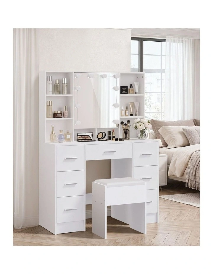 Oikiture Dressing Table Set 10 LED Bulbs Hidden Shelves 7 Drawers Vanity Desk White image 5