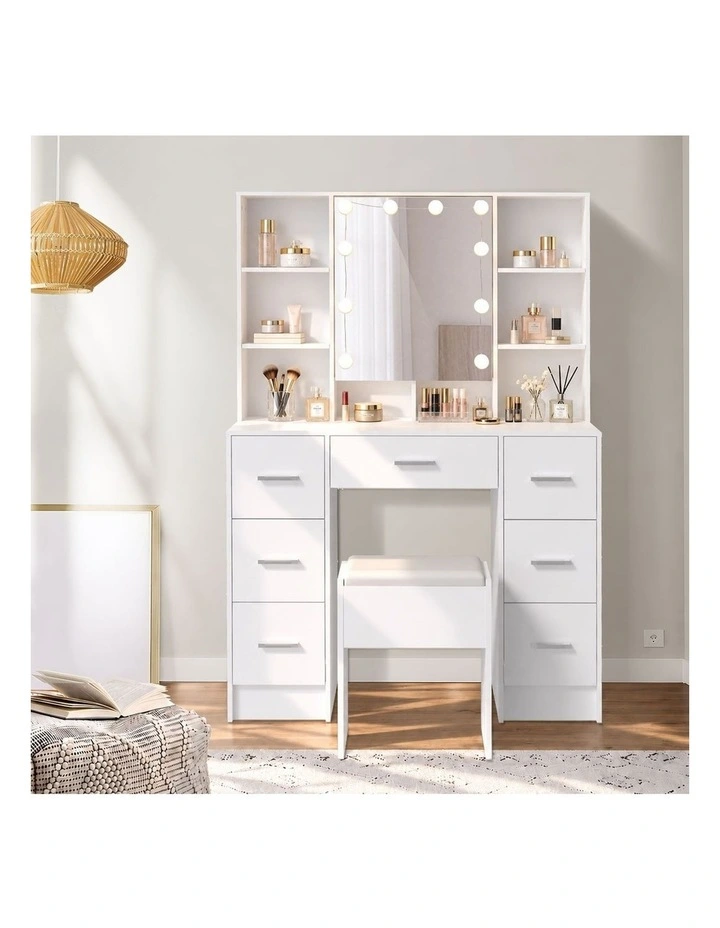 Oikiture Dressing Table Set 10 LED Bulbs Hidden Shelves 7 Drawers Vanity Desk White image 6