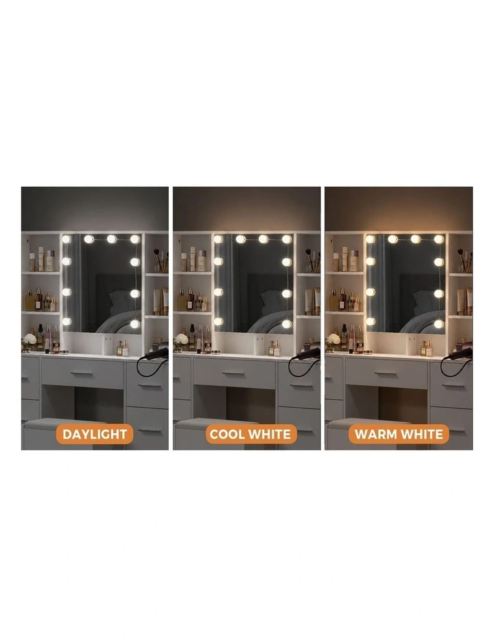 Oikiture Dressing Table Set 10 LED Bulbs Hidden Shelves 7 Drawers Vanity Desk White image 7