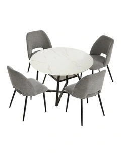 Oikiture 5PCS Dining Table Set Round Marble-Look Table and Chairs Grey Fabric