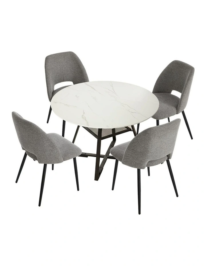 Oikiture 5PCS Dining Table Set Round Marble-Look Table and Chairs Grey Fabric image 1