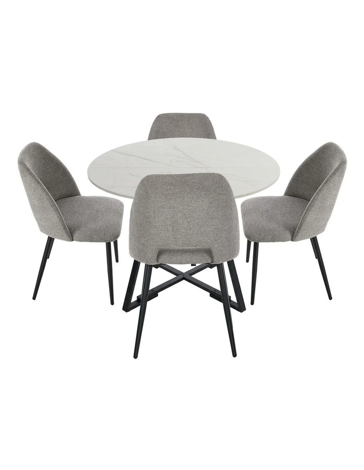 Oikiture 5PCS Dining Table Set Round Marble-Look Table and Chairs Grey Fabric image 2
