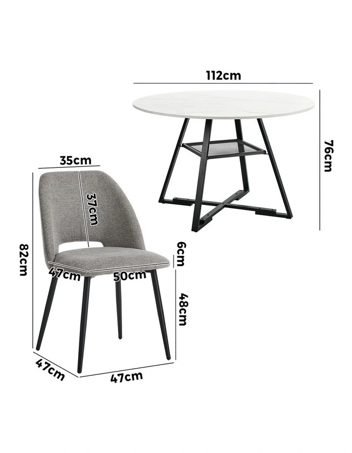Oikiture 5PCS Dining Table Set Round Marble-Look Table and Chairs Grey Fabric image 3