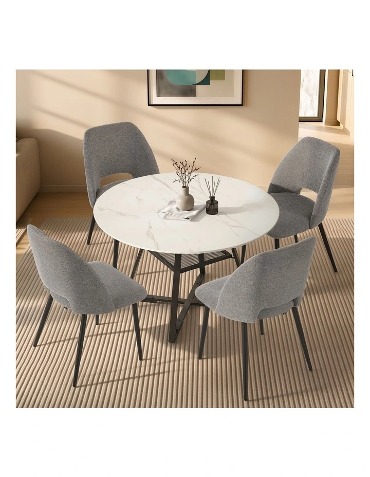 Oikiture 5PCS Dining Table Set Round Marble-Look Table and Chairs Grey Fabric image 4