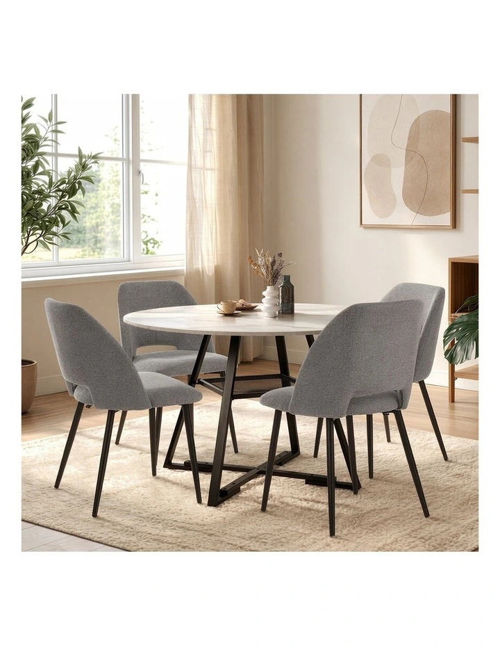 Oikiture 5PCS Dining Table Set Round Marble-Look Table and Chairs Grey Fabric image 6