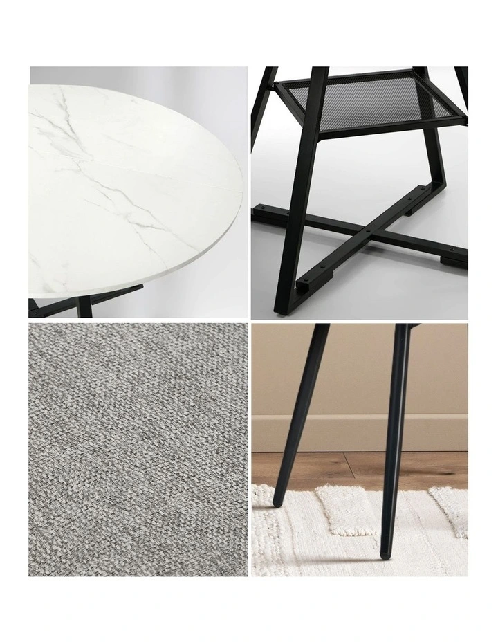 Oikiture 5PCS Dining Table Set Round Marble-Look Table and Chairs Grey Fabric image 7