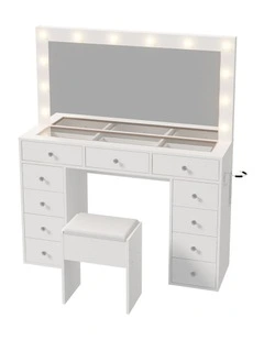 Oikiture Dressing Table Set LED Lights Glass Tabletop 11 Drawers White