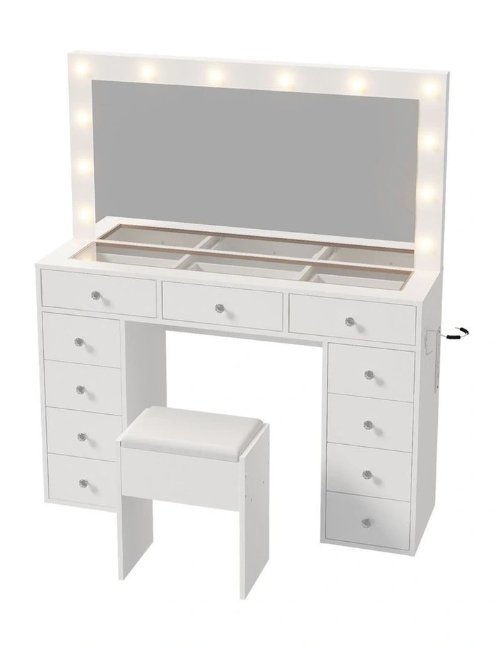 Oikiture Dressing Table Set LED Lights Glass Tabletop 11 Drawers White image 1