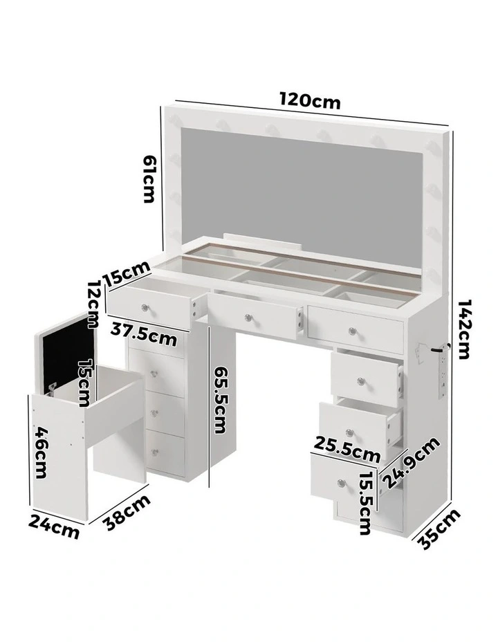 Oikiture Dressing Table Set LED Lights Glass Tabletop 11 Drawers White image 3