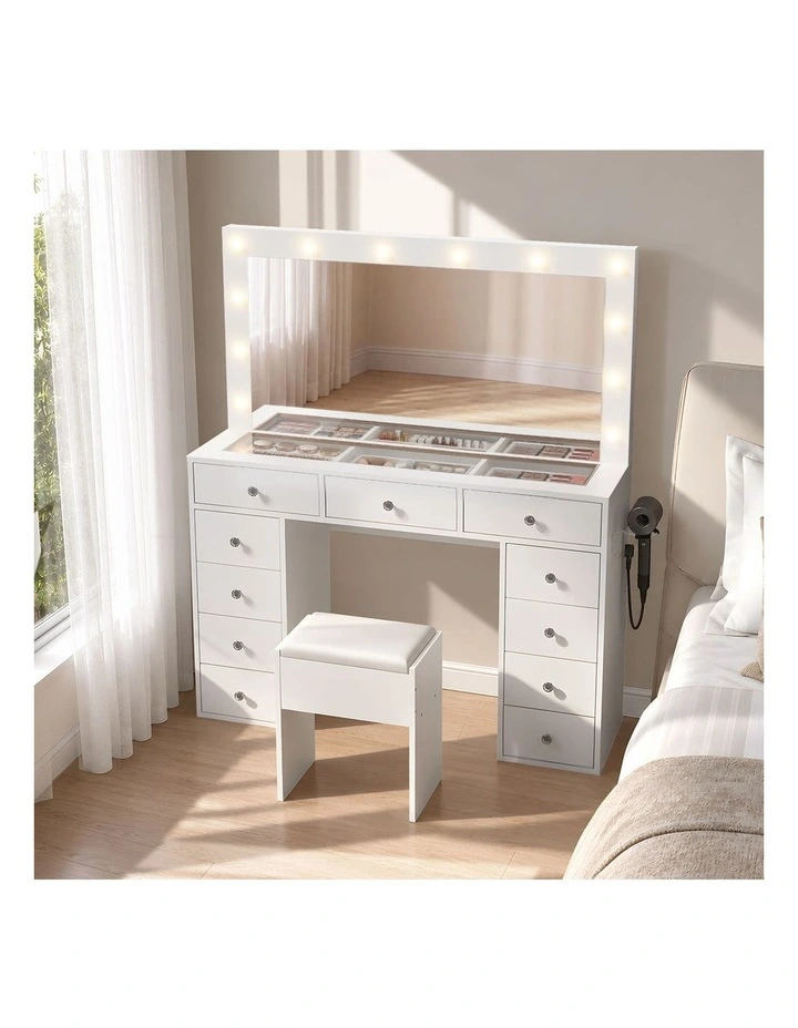 Oikiture Dressing Table Set LED Lights Glass Tabletop 11 Drawers White image 4