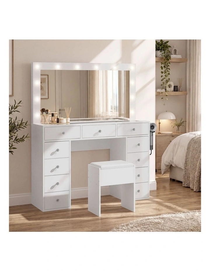 Oikiture Dressing Table Set LED Lights Glass Tabletop 11 Drawers White image 5