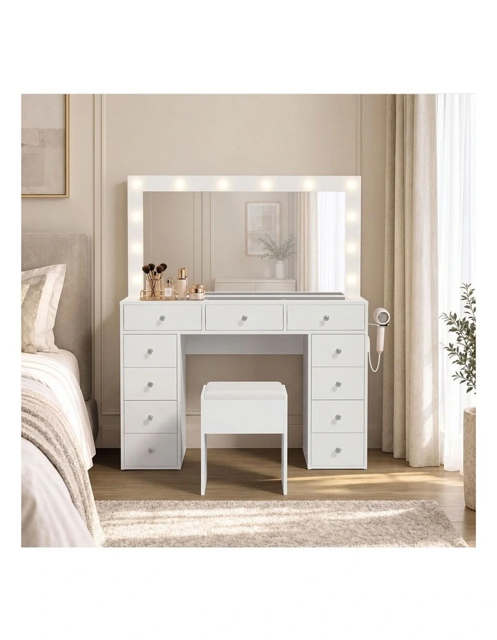 Oikiture Dressing Table Set LED Lights Glass Tabletop 11 Drawers White image 6