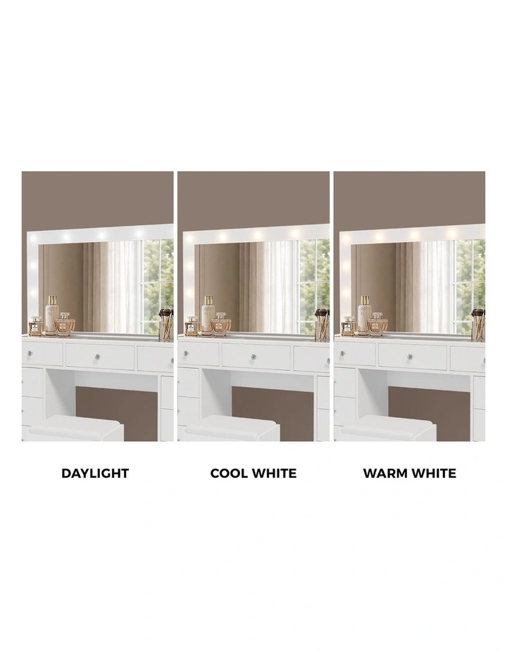 Oikiture Dressing Table Set LED Lights Glass Tabletop 11 Drawers White image 7