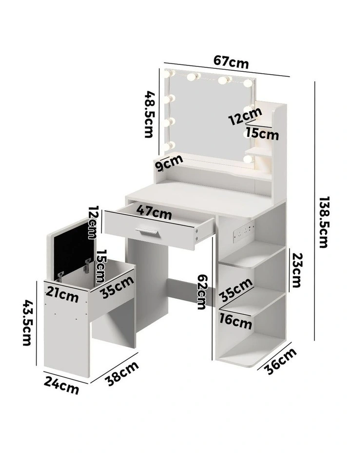 Oikiture Small Dressing Table Set LED Lights Makeup Mirror Vanity Desk White image 3