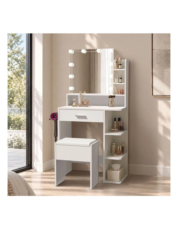 Oikiture Small Dressing Table Set LED Lights Makeup Mirror Vanity Desk White image 4