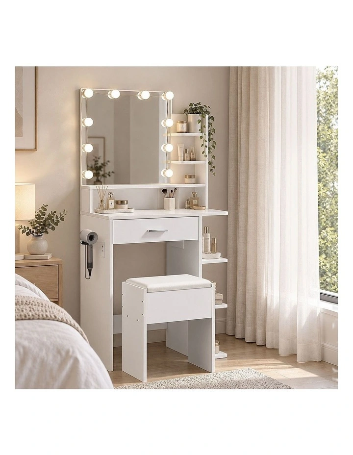 Oikiture Small Dressing Table Set LED Lights Makeup Mirror Vanity Desk White image 5