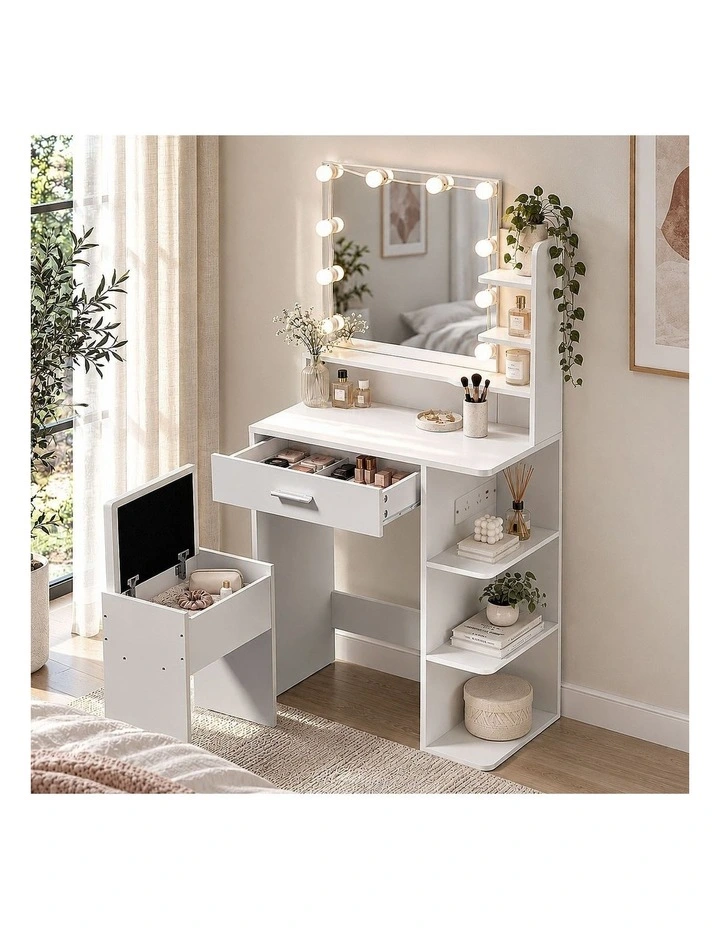 Oikiture Small Dressing Table Set LED Lights Makeup Mirror Vanity Desk White image 6